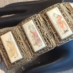 Vintage Antique Chinese Export Scrimshaw Bone Silver Panel Bracelet